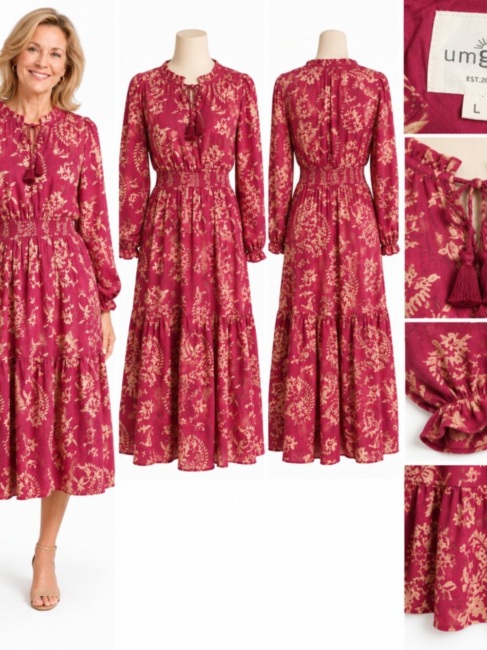 Umgee Pink Floral Midi Dress Sz L Smocked Waist Tie Neck Boho Cottagecore Tiered
